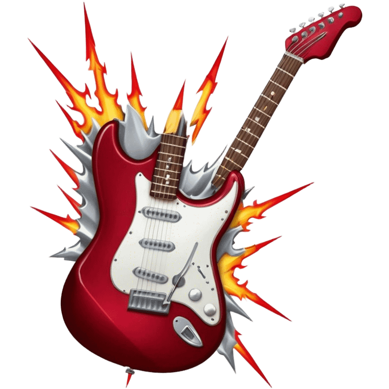 Create a fierce and edgy emoji representing hardcore rock vocal performance in a humanless collage. The design should feature a vintage microphone at the center, Add crossed drumsticks behind the microphone to symbolize the rhythm and power of the drums. surrounded by a menacing, distorted electric guitar with sharp, aggressive angles. Include subtle elements like lightning bolts, flames, or jagged sound waves to evoke the raw energy and intensity of hardcore rock. Use dark, intense colors like black, red, and silver, with a metallic, gritty finish to convey the rebellious, aggressive spirit of the genre. The background should be transparent. emoji