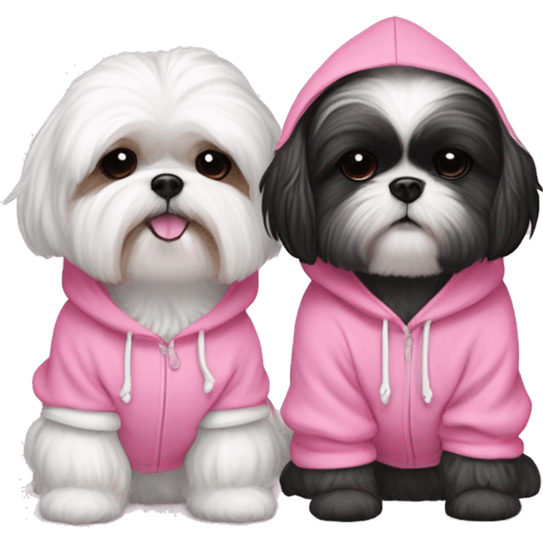 one very cute black and white  shih tzu girl and one white  girl maltaise dog wear a pink hoodie with hearts emoji