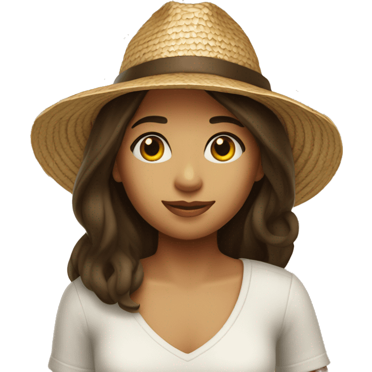 Brunette girl with shoulder length hair wearing straw hat emoji