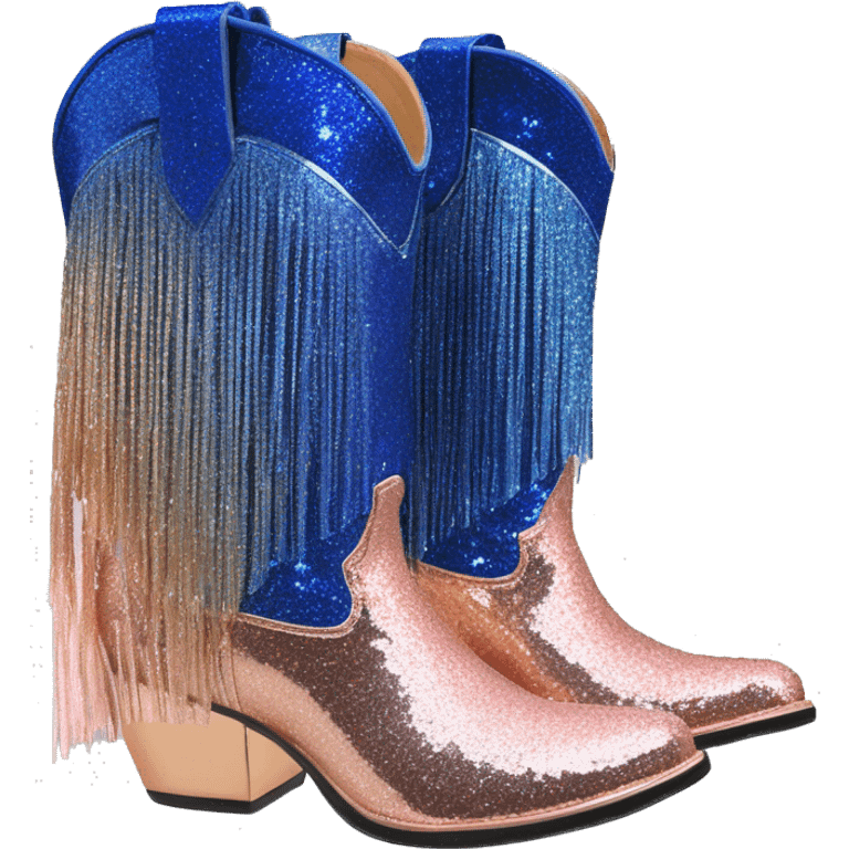 Realistic rose gold and royal blue ombre pair of fashion cowgirl boots with sparkly shiny glitter fringe on them. emoji