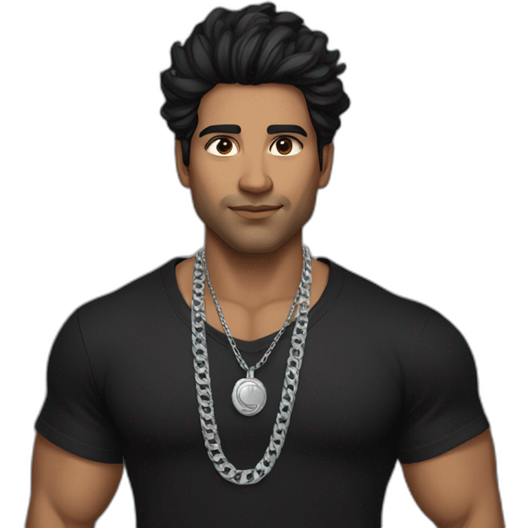 A strong Indian man wearing men silver chain,styled on a Full sleeve black tshirt,black hair white skin emoji