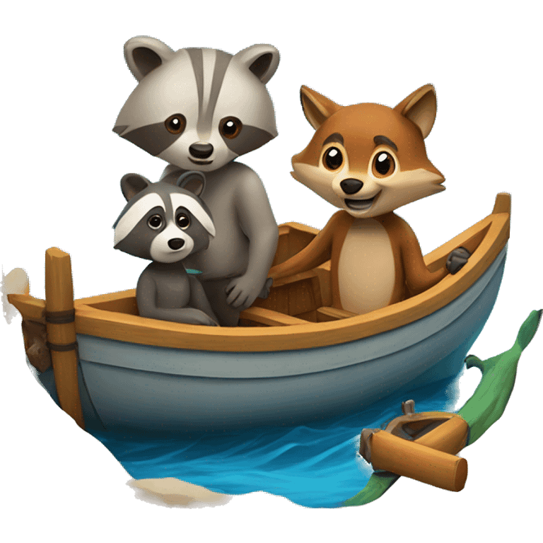 A boat with a racoon, a bear and a fox emoji