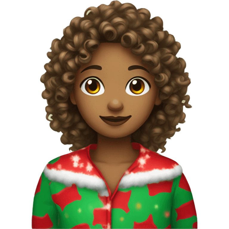 curly haired girl using christmas pajamas emoji