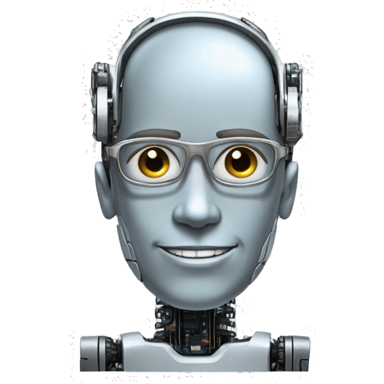 Robotic Cyborg head with fair skin, flat top haircut, rectangular glasses, circuits and smiling  emoji