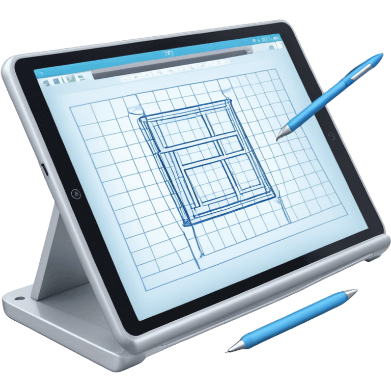 Create an emoji for 3D visualization and modeling. Show a large graphic tablet with a stylus drawing in a 3D modeling program, displaying a wireframe model on the screen. Use modern, professional colors. Do not include any emojis or smiley faces. Make the background transparent. emoji