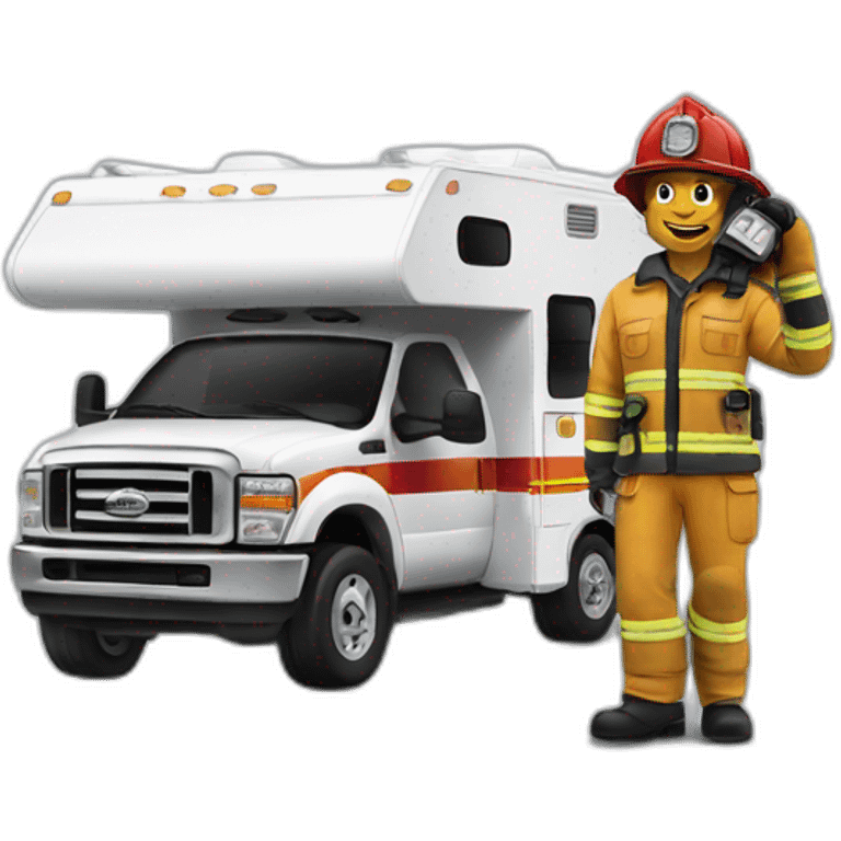 Firefighter posing next to a motorhome emoji