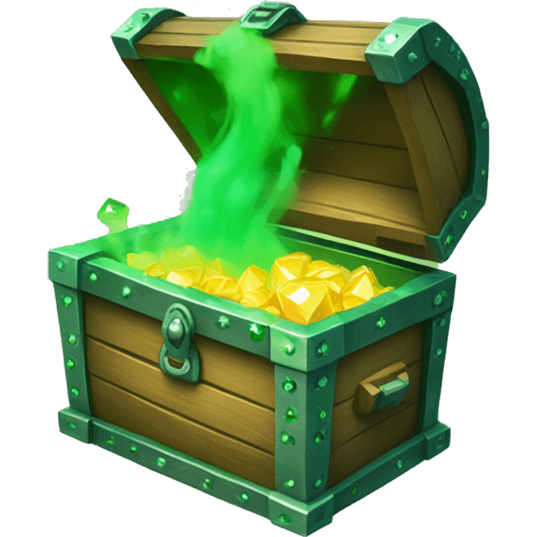 open treasure chest with green smoke coming out and green diamonds overflowing and surrounding it emoji