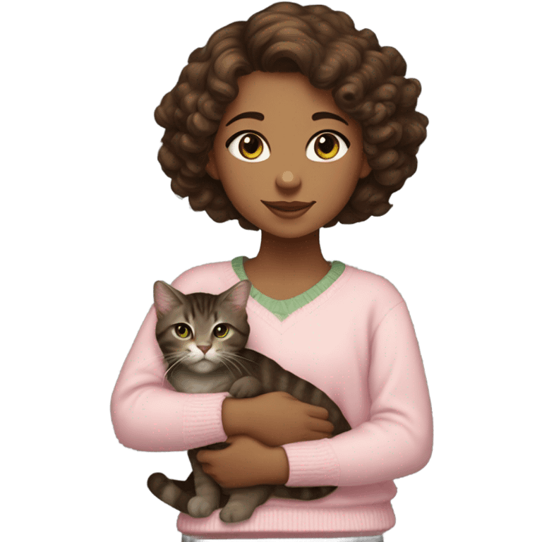 Dark Brown loose curly hair thats chest length light brown tan skin dark grey eyes young, holding only one dark brown tabby cat with white muzzle chest and paws and cat has yellowy green eyes. the girl wears a light pink sweater Simplified emoji