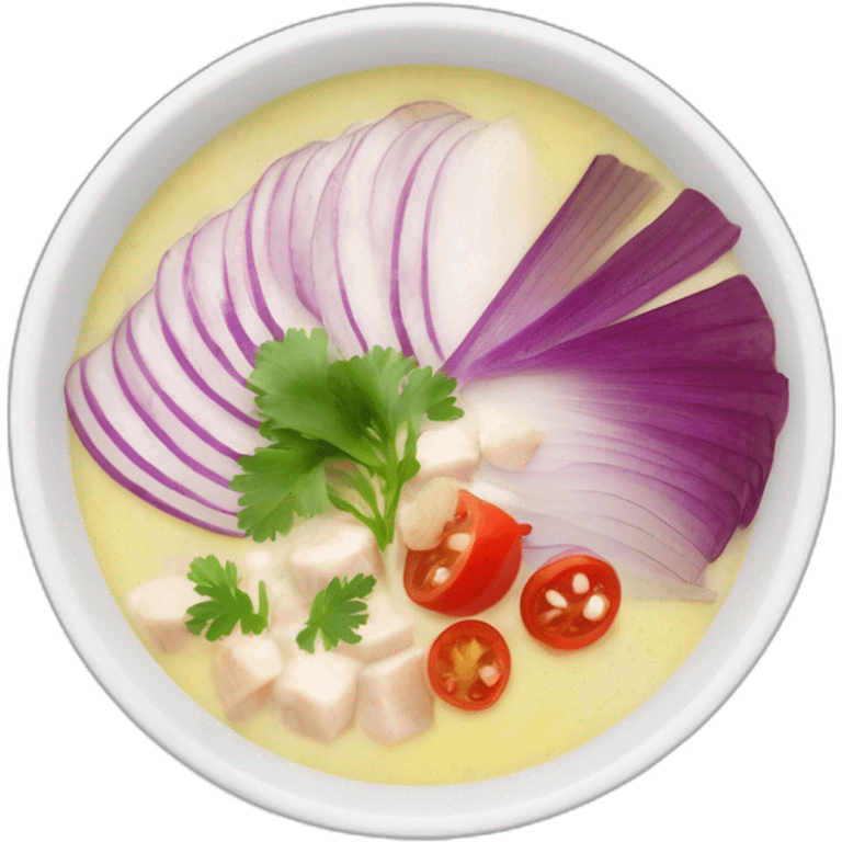 white bowl of hot soup with the following ingredients sliced red onions, albacore, coriander and yucca emoji