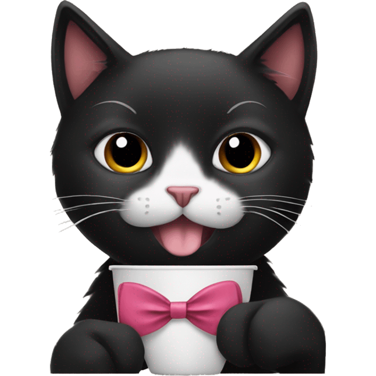 cute black cat with bow tie drinking coffee emoji