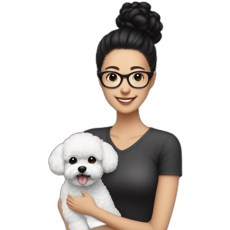 woman-black hair-bun-with glasses-with bichon dog-white-smile emoji