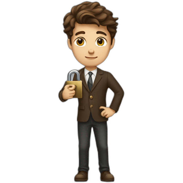 Classy young man brown-haired, struggling to fit a key into a lock. emoji