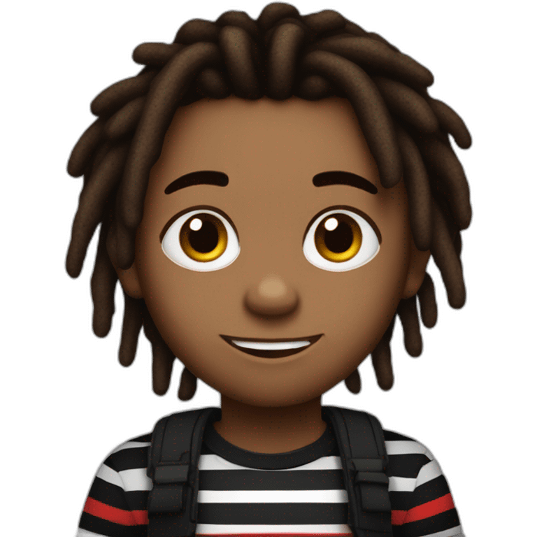 Cute brown skin boy with red and black striped colored dreads wearing a black shirt not smiling emoji