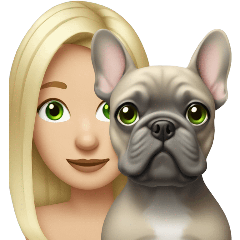 Blonde woman green eyes hugging gray frenchie  emoji