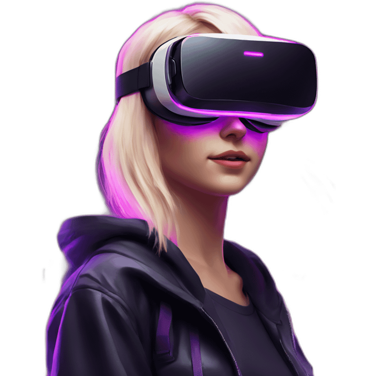 Russian blondy girl celebrating her birthday wearing a black hoodie and VR headset in a cyberpunk VR environment with violet neon lighting emoji