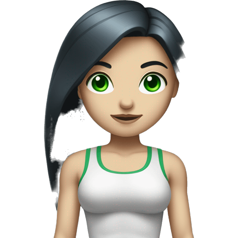 Pale girl with long black hair and green eyes lifting weights emoji