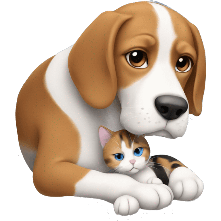 Beagle snuggling with fluffy cat blue eyes emoji