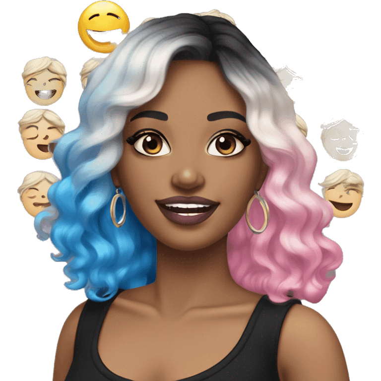 White skinned adult woman, smiling, glitter drawings makeup on her face, pink lipstick blue eyes, long black-to-blonde ombre wavy hair, ring earrings, black T-shirt. emoji