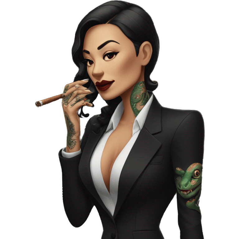 A mafia boss with a snake tattoo on the right side of her face, in a black suit and with a cigar in her mouth emoji