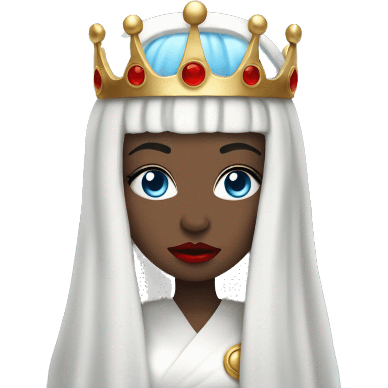 Queen with pale white skin, evil stare, icy blue eyes, bright red lips, long black hair, gold crown, and white robes. emoji