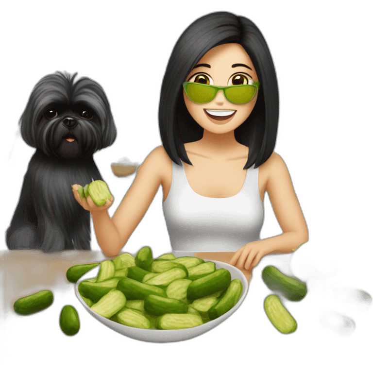 white woman with black long straight hair dancing salsa while eating pickles with a shih tzu dog emoji