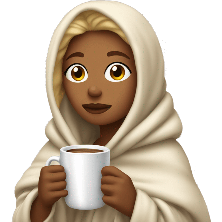 blonde girl wrapped in warm blanket drinking hot coco with eyes closed emoji