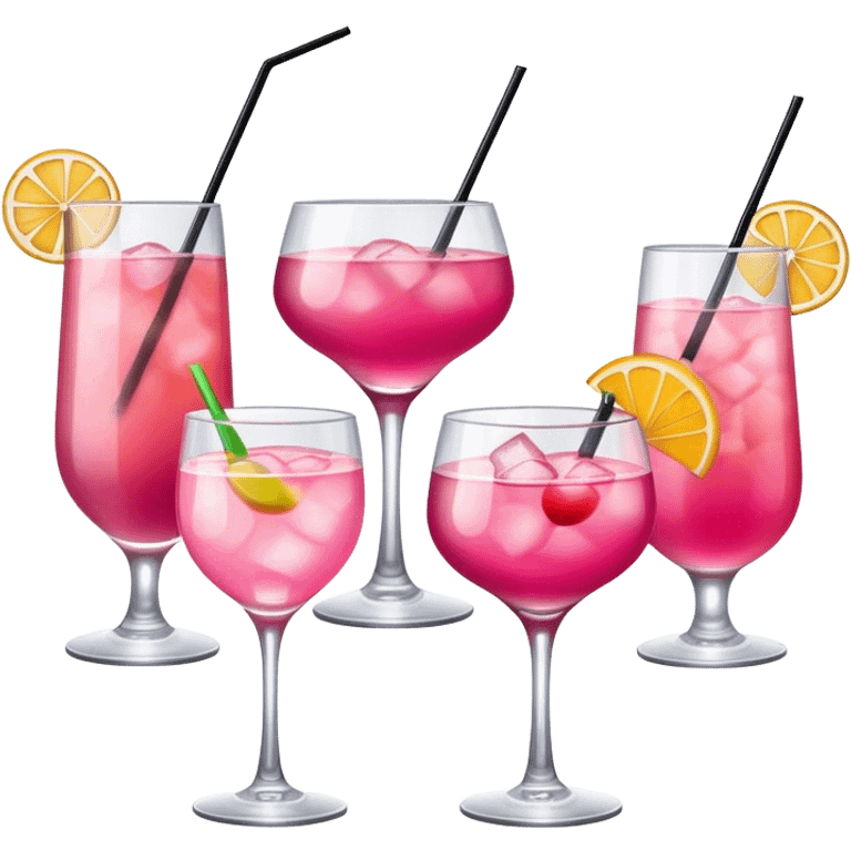 four glasses of cocktails that are happy, one is pink emoji