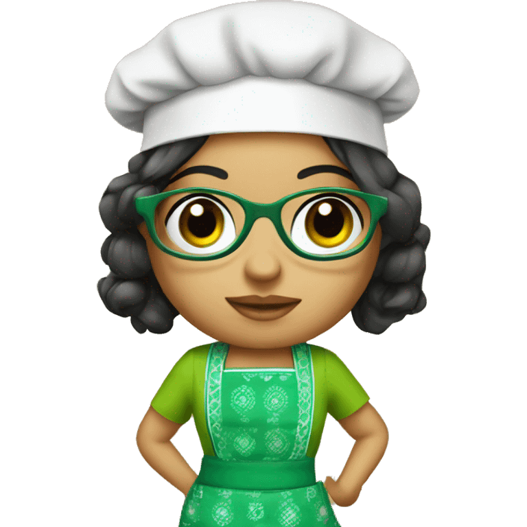 Mexican doll  big eyes green apron  with glasses cooking  emoji