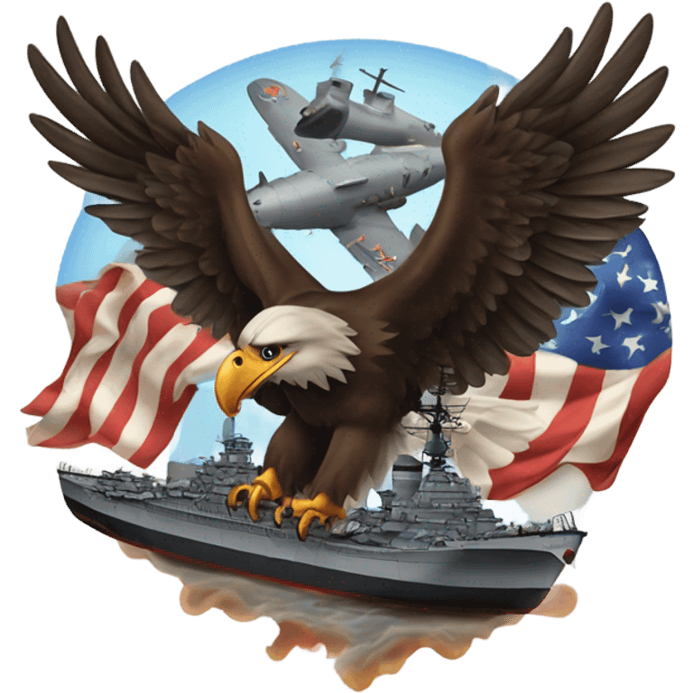 A traditional American tattoo of an flying eagle with a world war 2 battleship  emoji