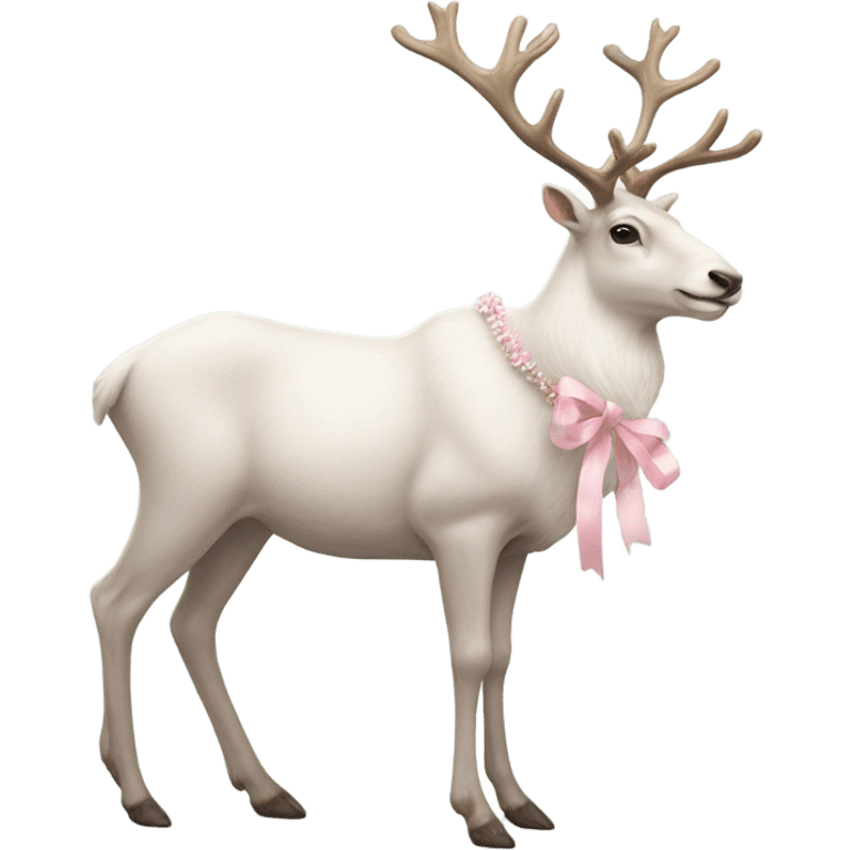 white realistic reindeer full body decorated with pale pink ribbon emoji