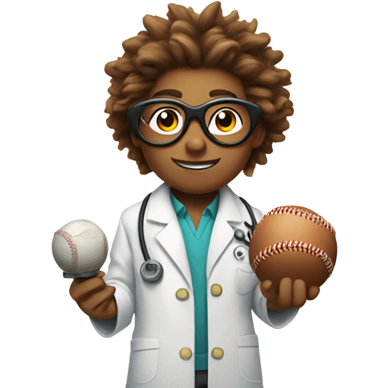 cartoon scientist with wild hair, wearing a lab coat and goggles holding a baseball players swine emoji