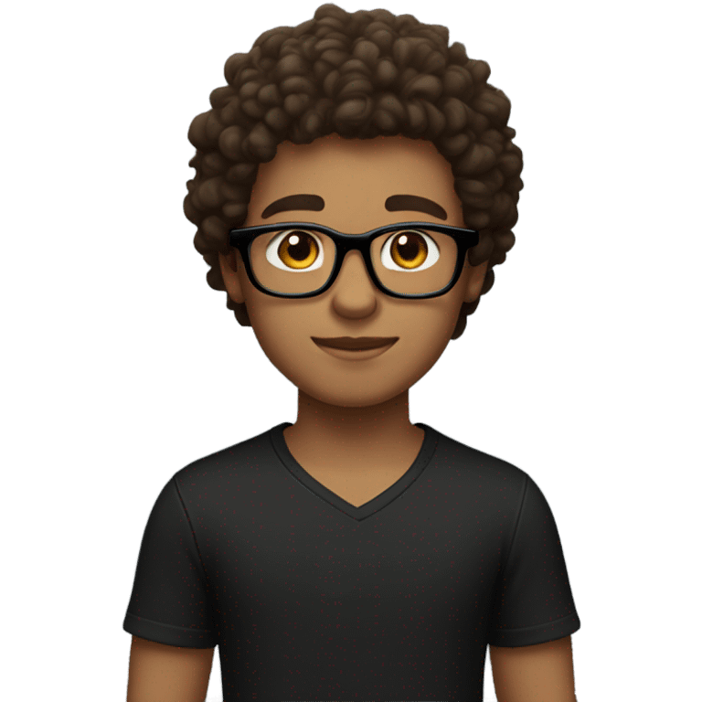 A boy with brown curly hair and black glasses with brown eyes and a black shirt with white skin emoji