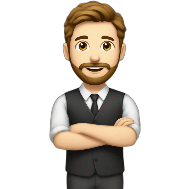 Young white male teacher with brown hair and brown beard in front of a blackboard emoji