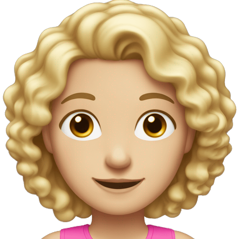 a white woman with blond curly long hair, brown eyes and smiling with a pink top emoji