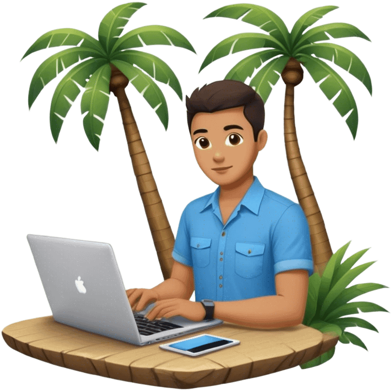 A digital nomad in bali working on a laptop wearing a tropical blue shirt with a palm tree on the side emoji