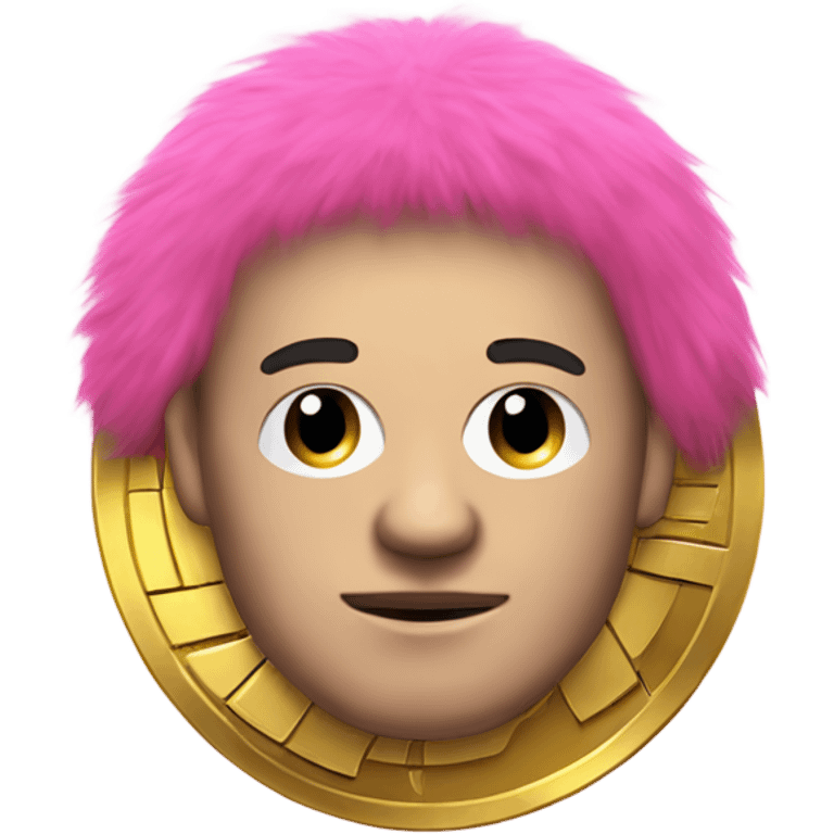 Man with gold, wearing a pink fur coat, and a Bitcoin coin as his head. emoji