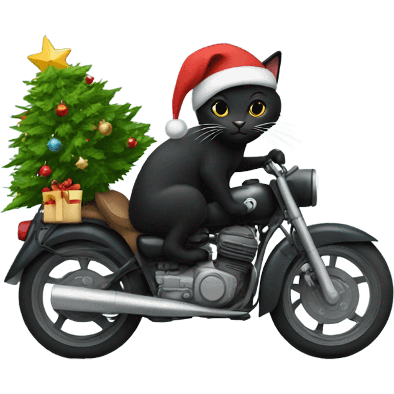 Black cat with a christmas tree as a hat and it’s riding a motorcycle emoji