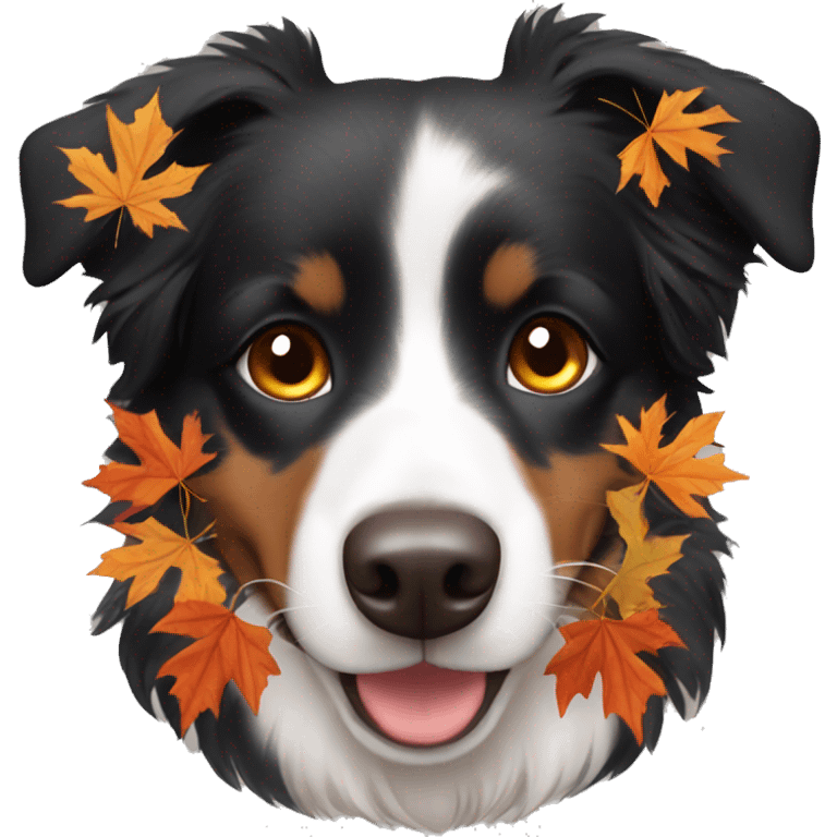 Small black australian shepherd dog wearing autumn leaves emoji