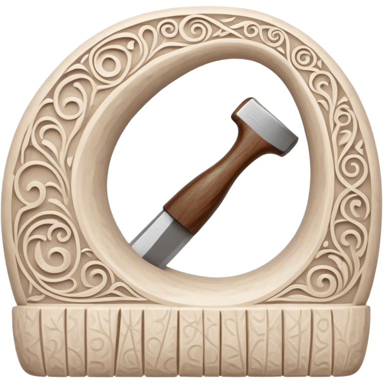 Scandinavian carving icon, whale bone with intricate Norse patterns, chisels and carving tools, minimalistic style, clean lines, transparent background. emoji