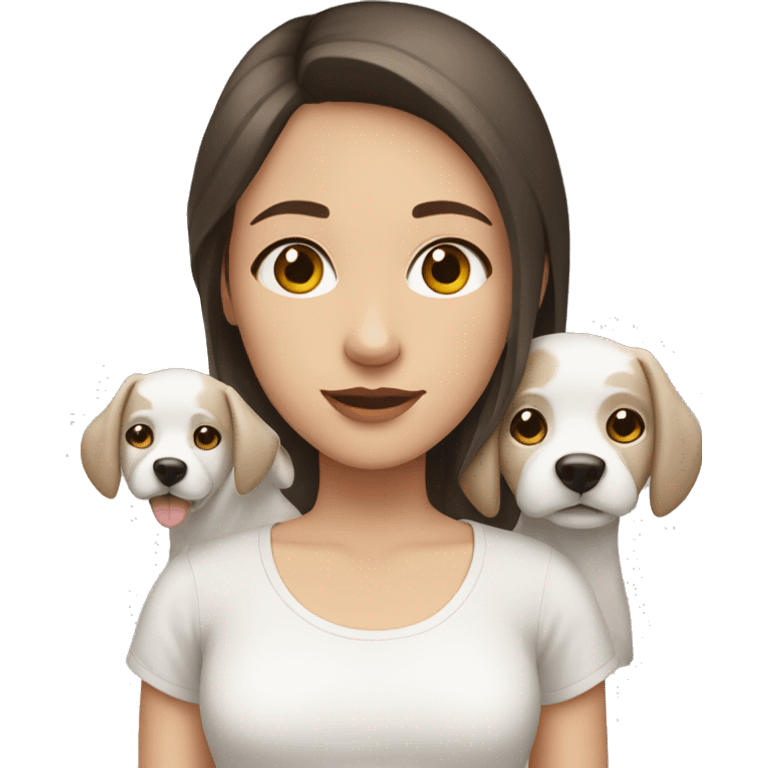 Girl teenage, white pale, brunette hair, brown eyes, with two white dogs  emoji