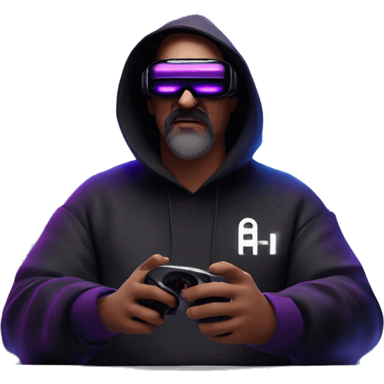 Big Lebowski wearing a black hoodie with "OMG" letters on it and VR headset oculus quest 2 in a cyberpunk VR environment with violet neon lighting. emoji