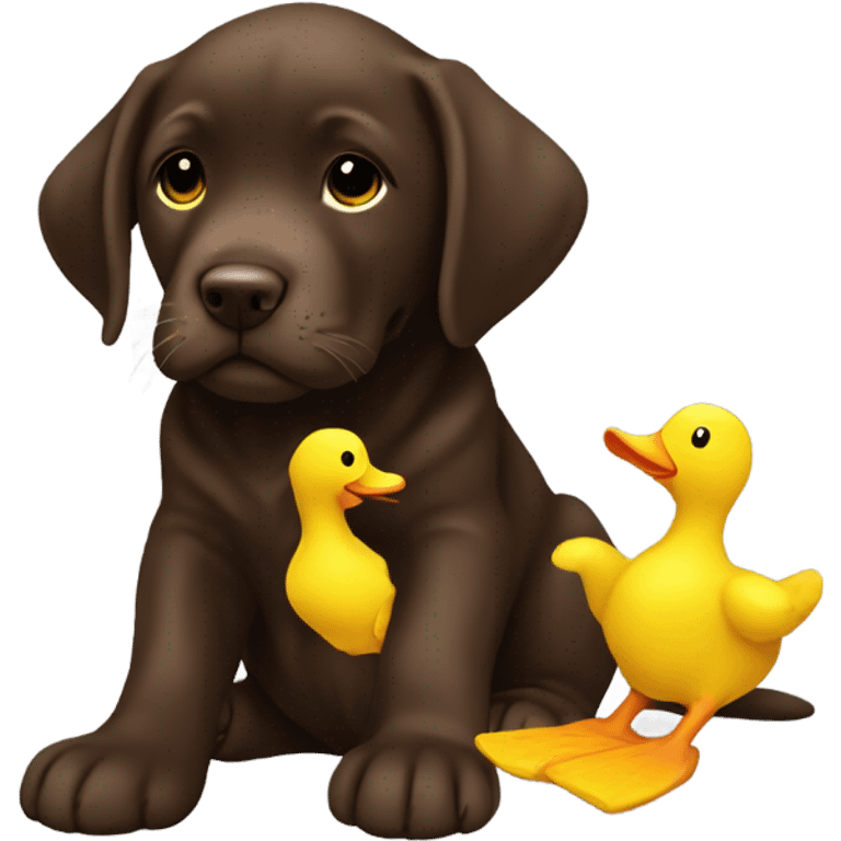 Chocolate lab puppy with yellow duck plushie emoji