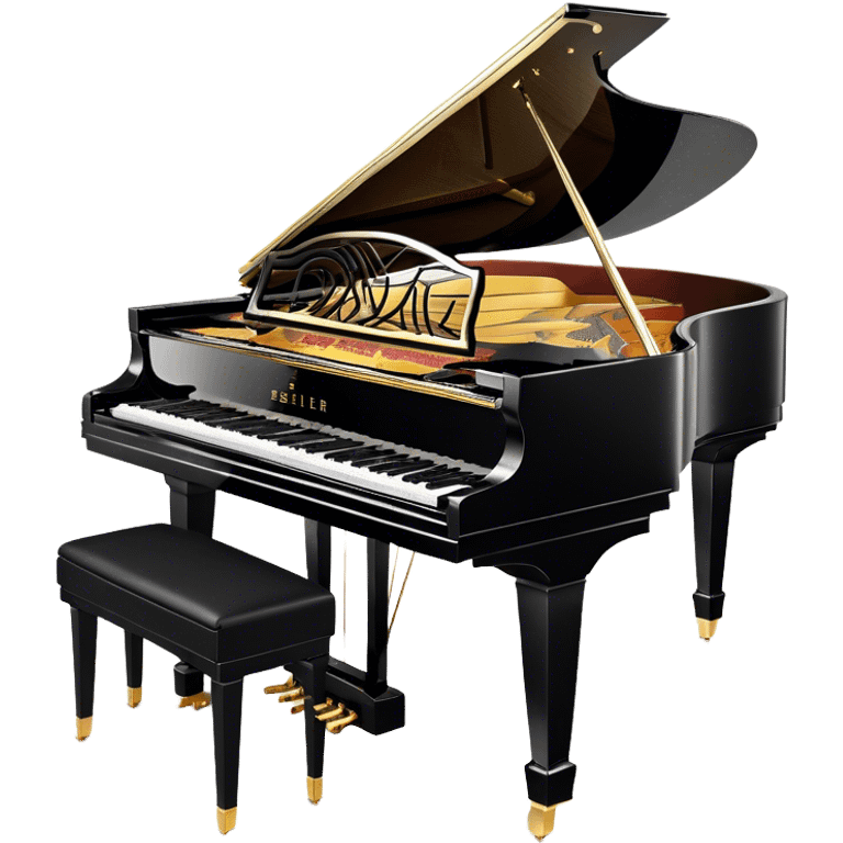 Create an elegant and detailed emoji representing the Seiler 278 Konzert grand piano. The design should feature the grand piano's polished black body with shiny, reflective surfaces, capturing its high-quality craftsmanship. The black and white keys should be clearly visible, with the curved shape of the grand piano’s body and lid, which can be slightly open. Add visible details like the pedal system, the intricate wood finish on the frame, and the elegant legs of the piano. The musical notes should float around the piano, evoking the sound of a professional concert instrument. Use deep black, white, and gold tones to highlight its luxurious appearance. The background should be transparent. emoji