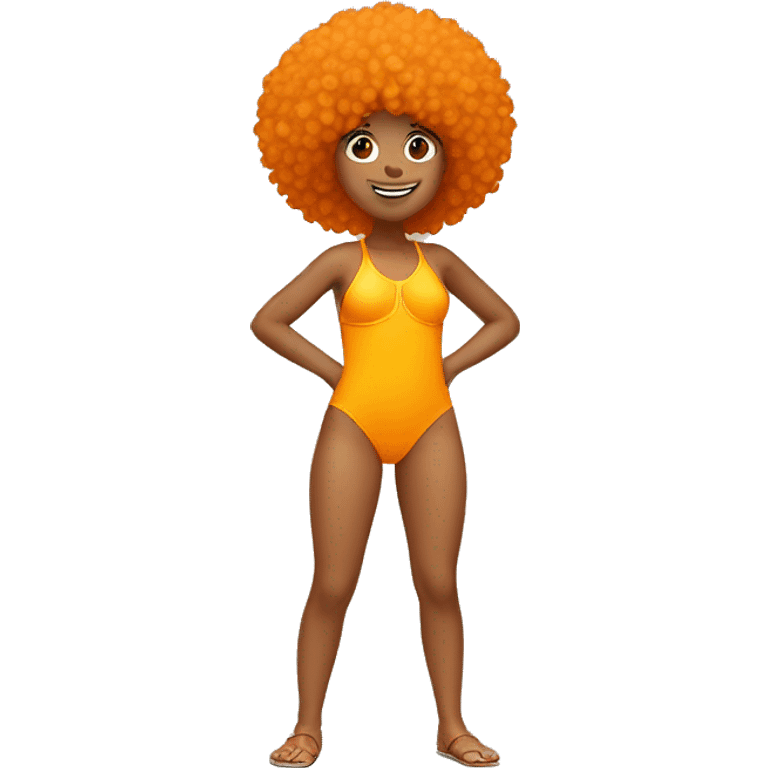 Tan girl with orange afro, yellow swimsuit, rear view, dancing emoji