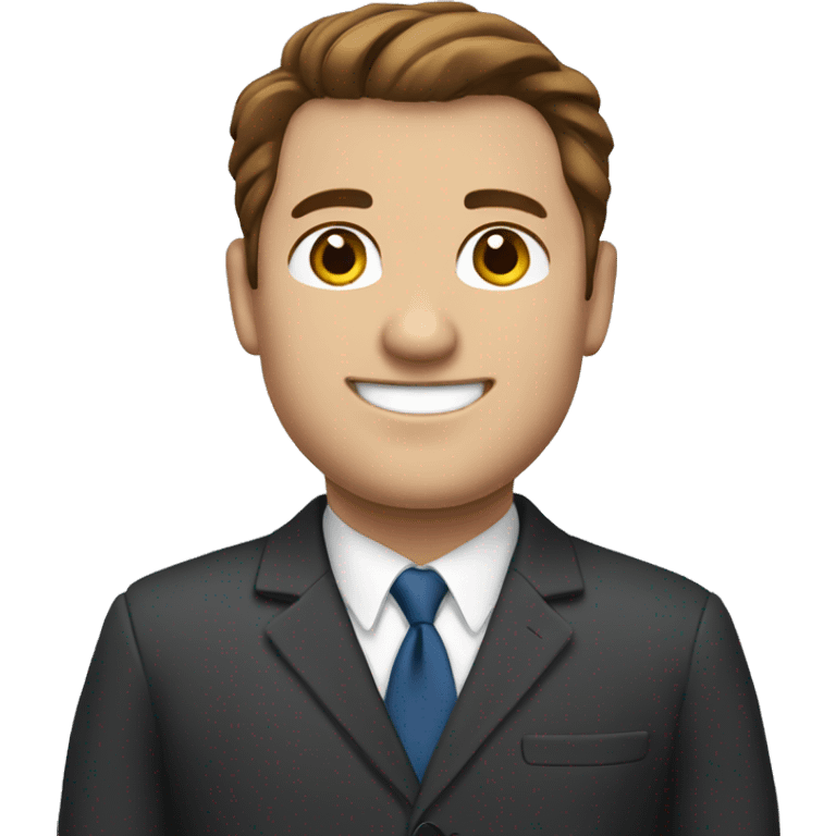 a slightly overweight man with brown hair and brown eyes smiling in a business suit. emoji