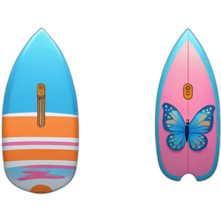 (A surfboard Cartoon Blue and orange smiling) and a (mikrophone Cartoon Blue and pink with butterfly) emoji