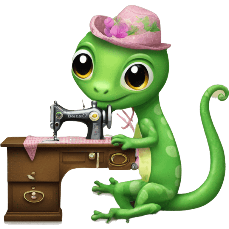 Sweet cute gecko sewing with singer machine emoji