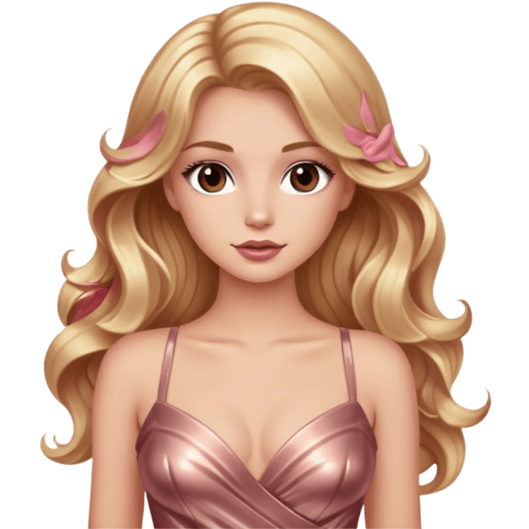 blonde model, brown eyes, long wavy hair, glamorous metallic rose gold gown emoji