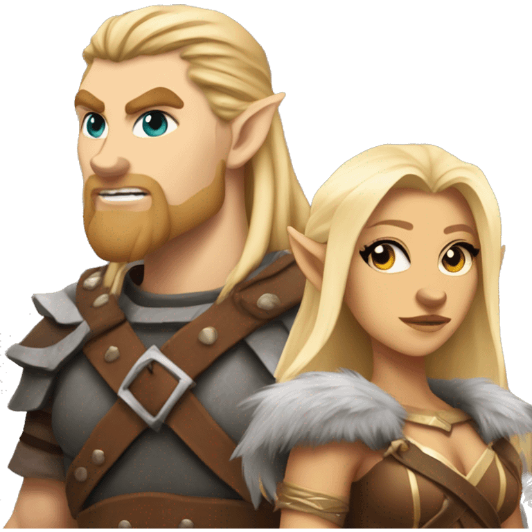 A dungeons and dragons team consisting of a blonde half elf barbarian, and a barbarian Werewolf emoji