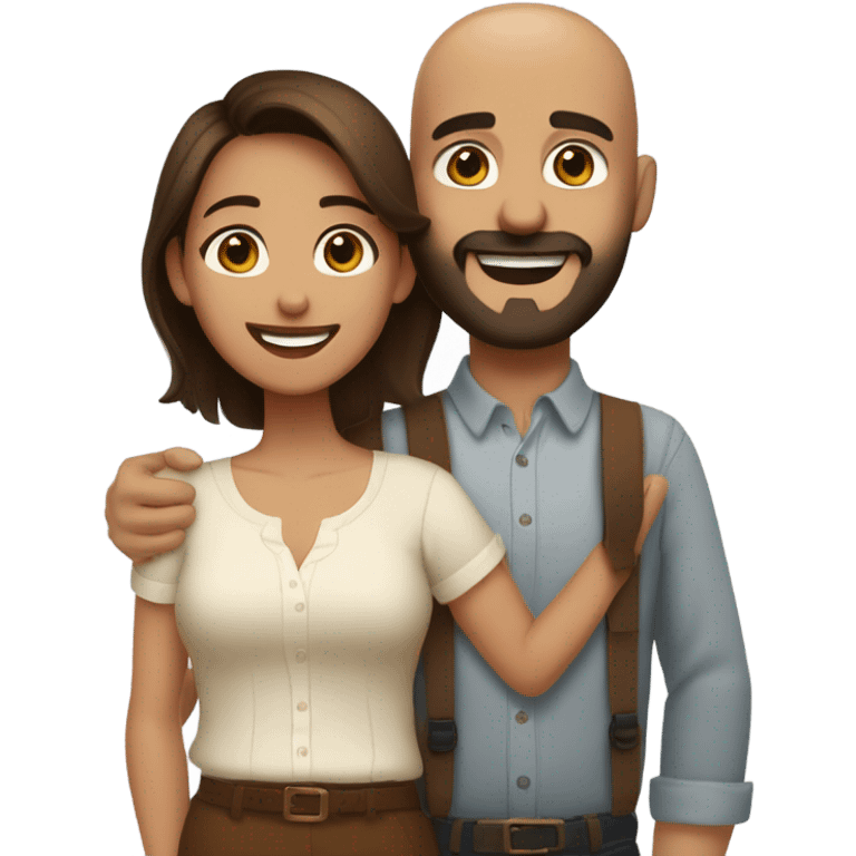 Brown-haired Puerto Rican woman with dark brown eyes wearing a cute blouse giving a comforting hug to a short, bald man with brown eyes, laugh lines, and a beard emoji